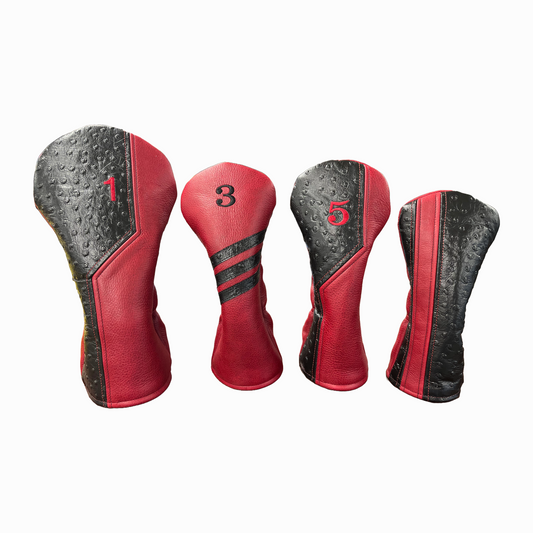 Black Ostrich with Pebbled Crimson Leather