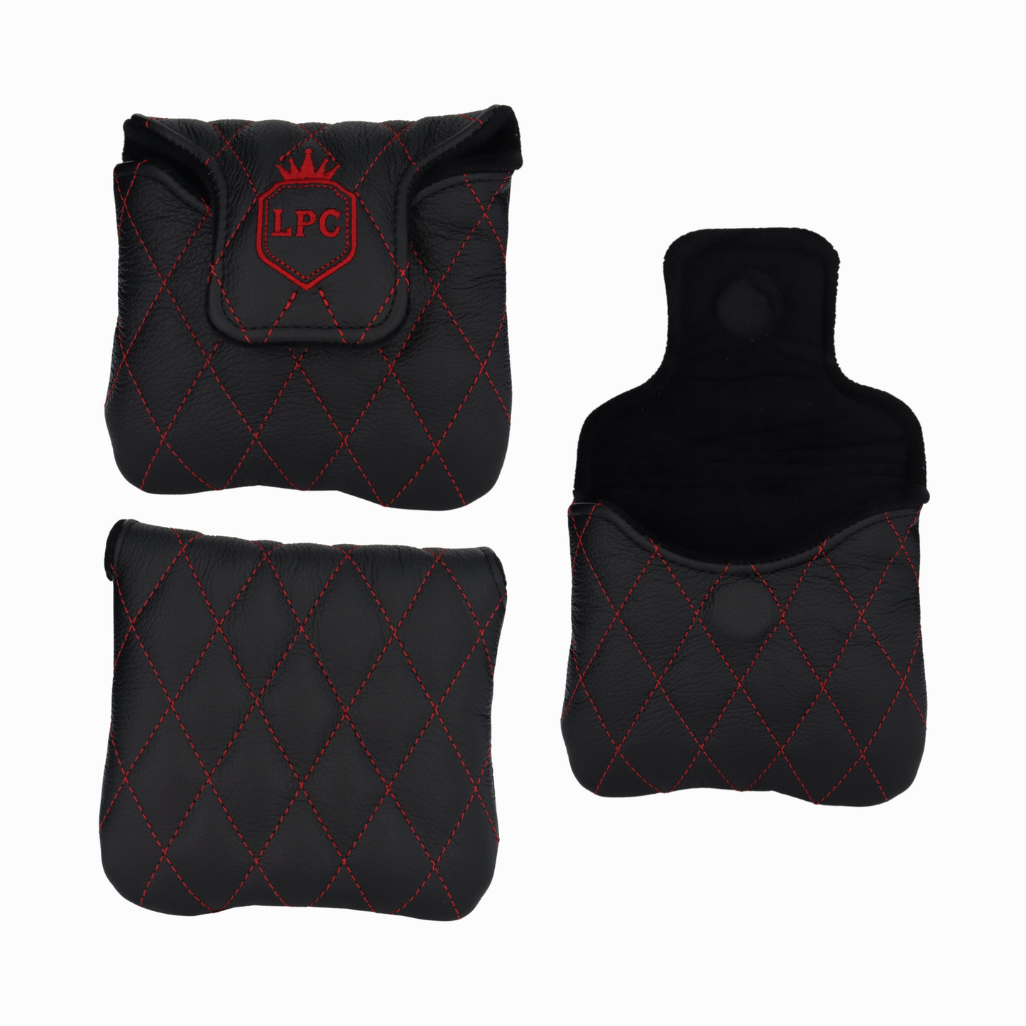 Pebbled Black Leather Quilted with Crimson Stitching